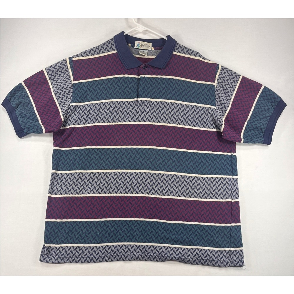 Players by Van Heusen Vintage 90s Striped Chevron Knit Polo Shirt Mens XL Navy